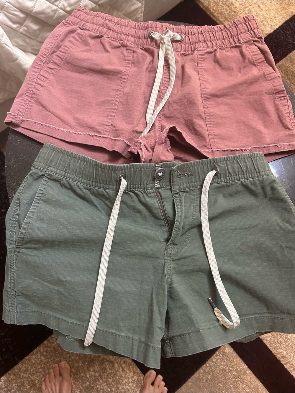 2 pairs Vuori Shorts- Olive Green Cargo and Mauve Ripstop